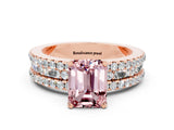 Rose gold Emerald Cut Morganite Solitaire Ring with Pavé and Channel Set Band