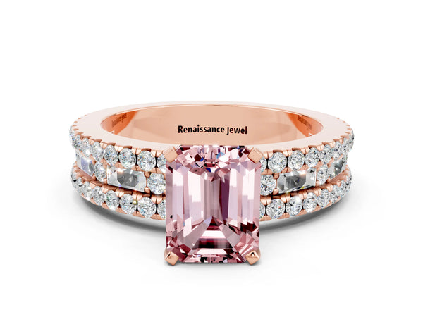 Rose gold Emerald Cut Morganite Solitaire Ring with Pavé and Channel Set Band