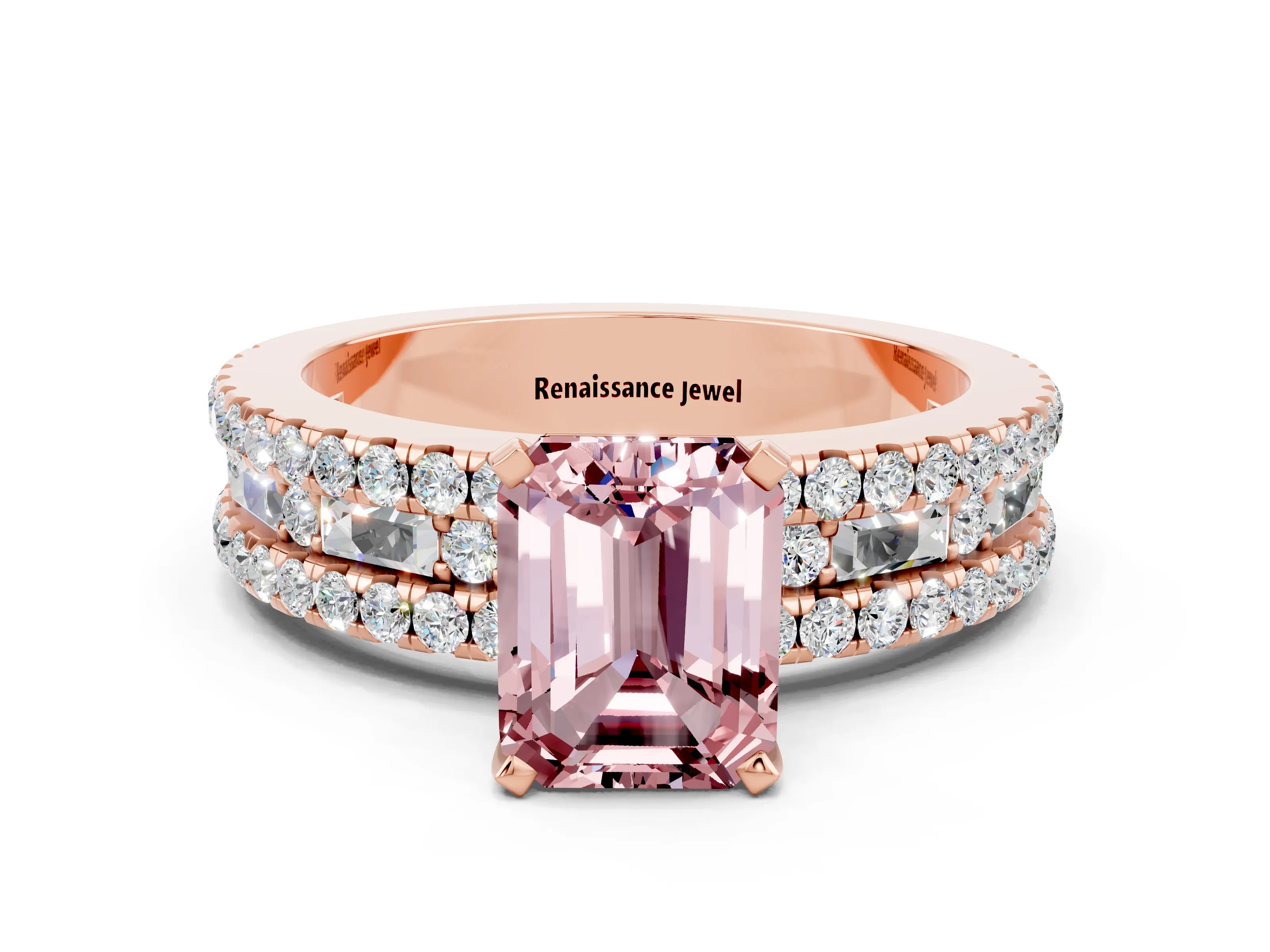 Rose gold Emerald Cut Morganite Solitaire Ring with Pavé and Channel Set Band_12