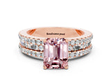 Rose gold Emerald Cut Morganite Solitaire Ring with Pavé and Channel Set Band_12