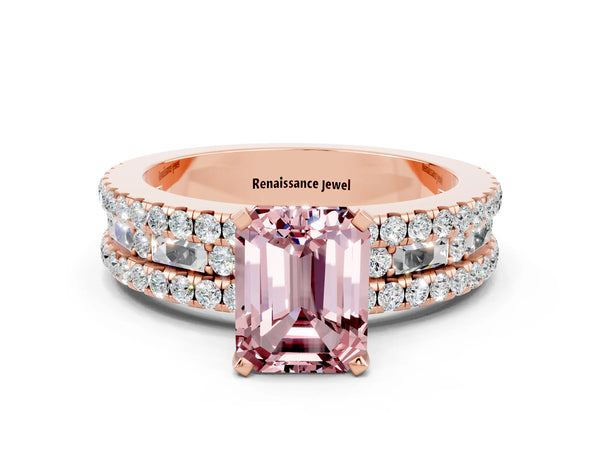 Rose gold Emerald Cut Morganite Solitaire Ring with Pavé and Channel Set Band
