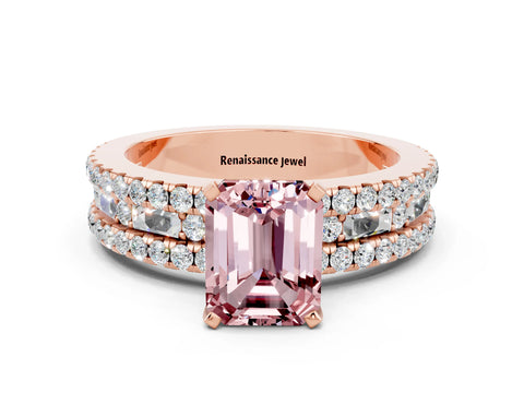 Rose gold Emerald Cut Morganite Solitaire Ring with Pavé and Channel Set Band_12