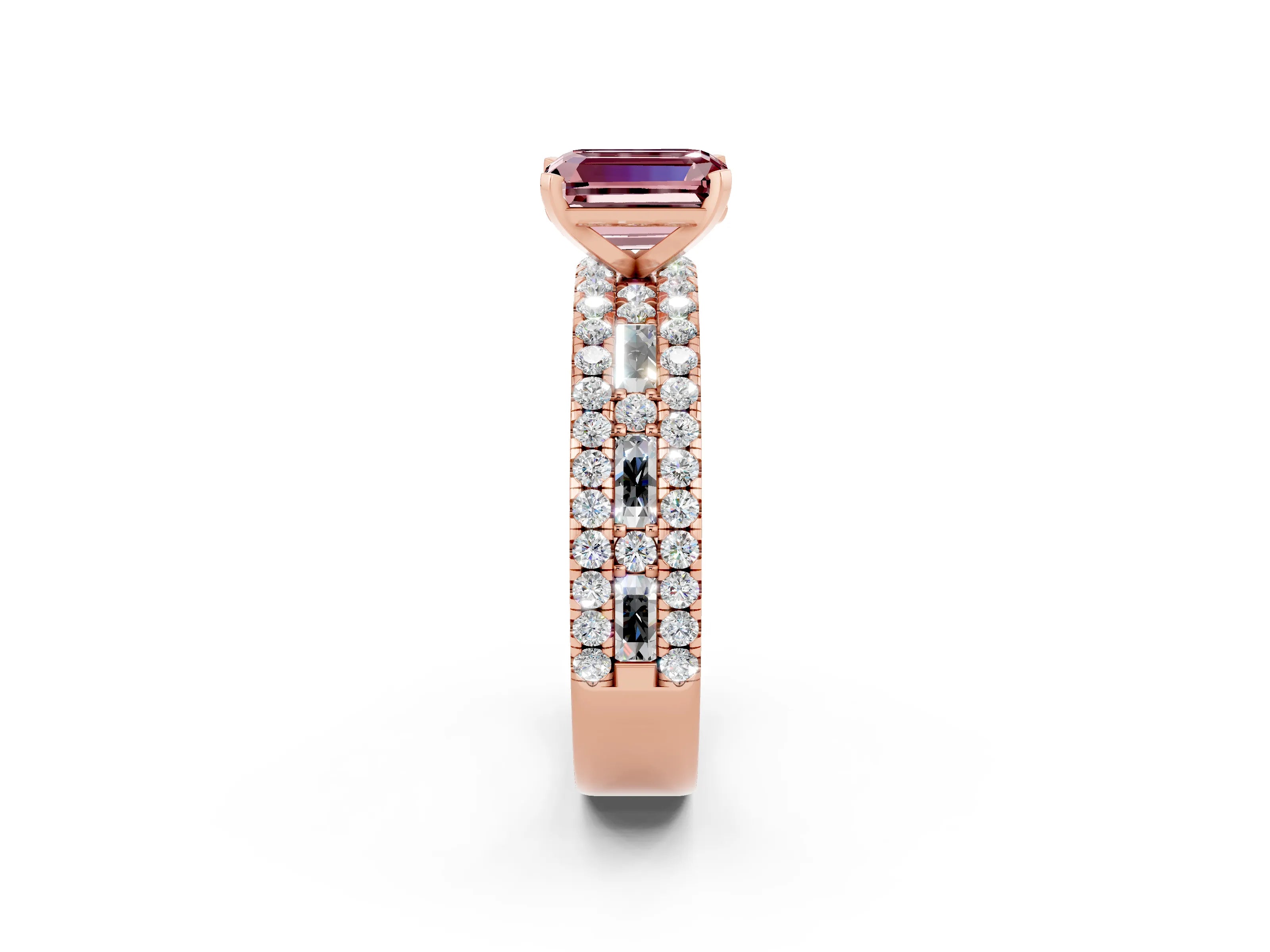Rose gold Emerald Cut Morganite Solitaire Ring with Pavé and Channel Set Band_14