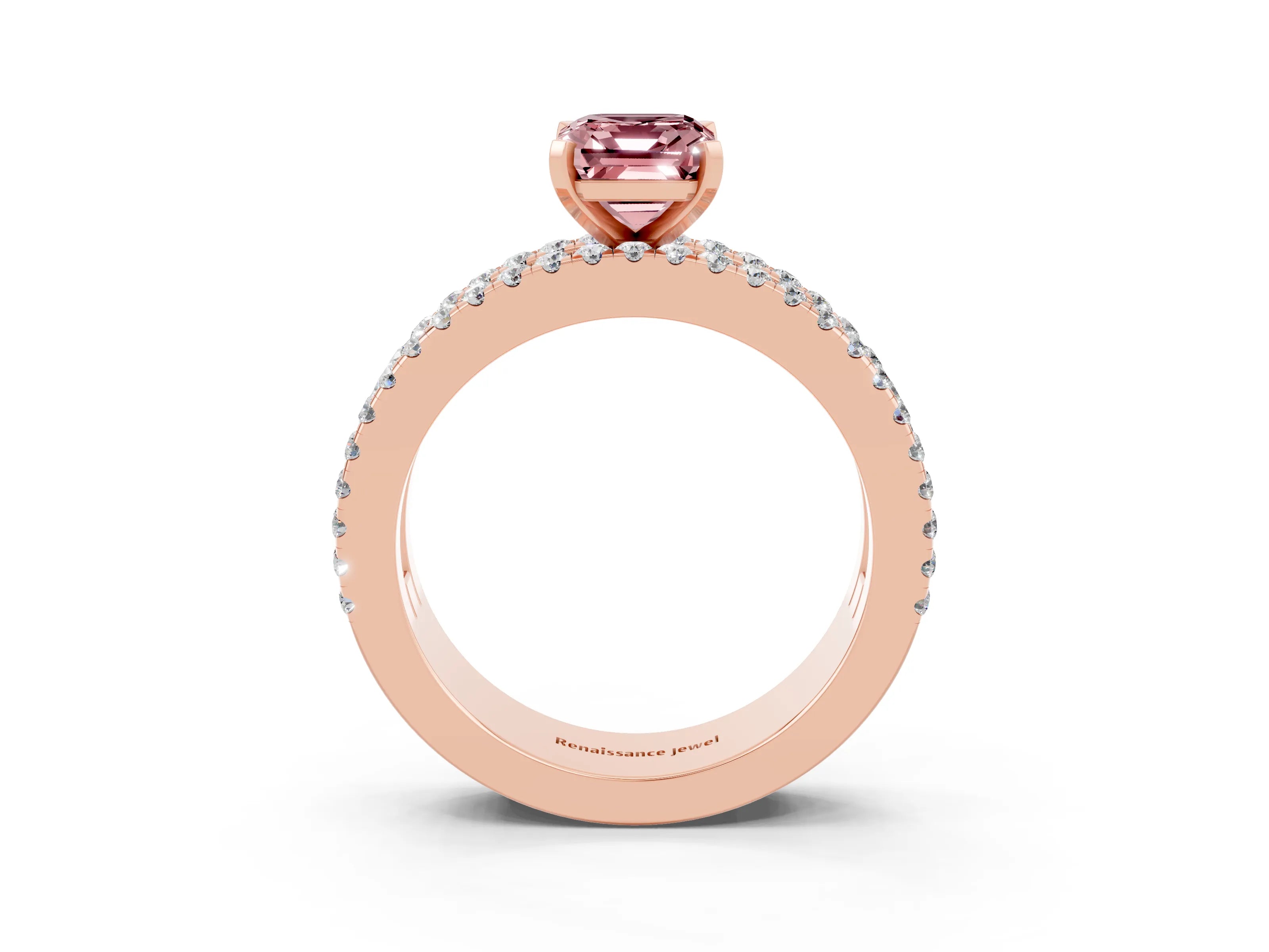 Rose gold Emerald Cut Morganite Solitaire Ring with Pavé and Channel Set Band_15