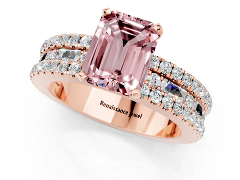 Rose gold Emerald Cut Morganite Solitaire Ring with Pavé and Channel Set Band_1