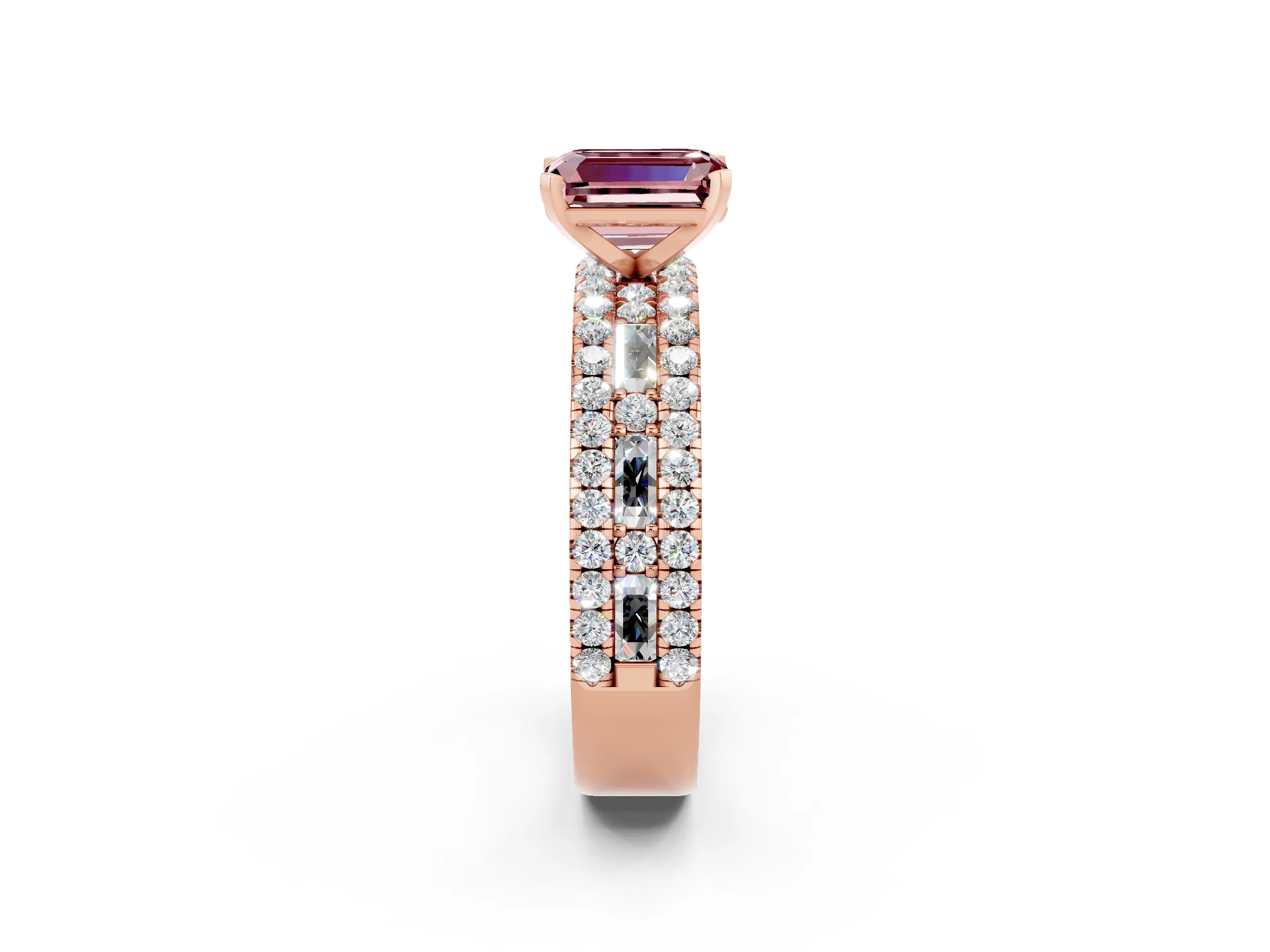 Rose gold Emerald Cut Morganite Solitaire Ring with Pavé and Channel Set Band_2