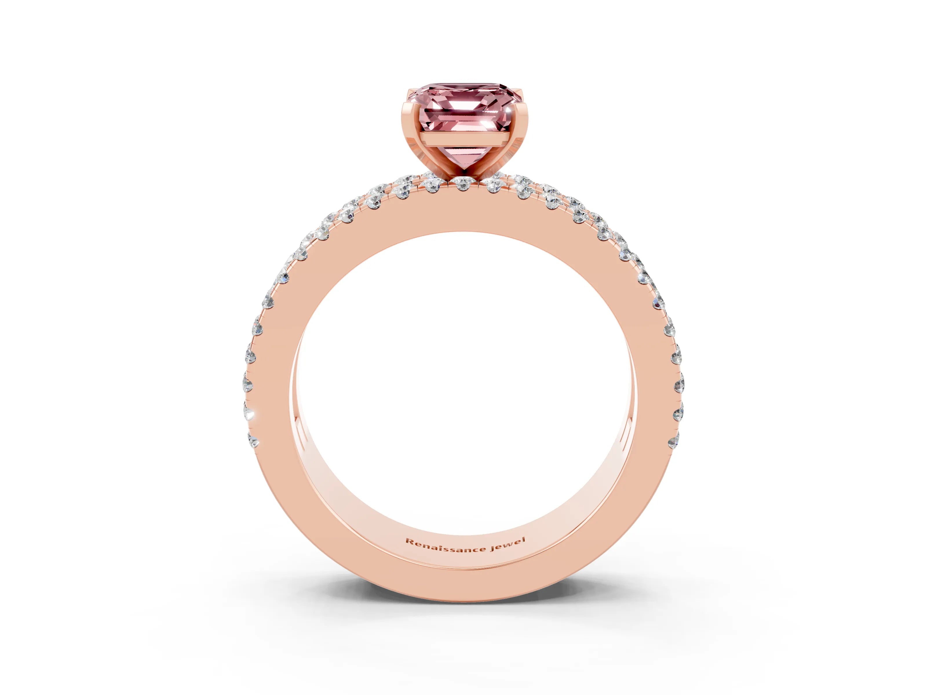 Rose gold Emerald Cut Morganite Solitaire Ring with Pavé and Channel Set Band_3