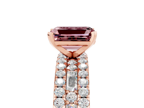 Rose gold Emerald Cut Morganite Solitaire Ring with Pavé and Channel Set Band_5
