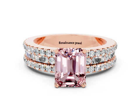 Rose gold Emerald Cut Morganite Solitaire Ring with Pavé and Channel Set Band