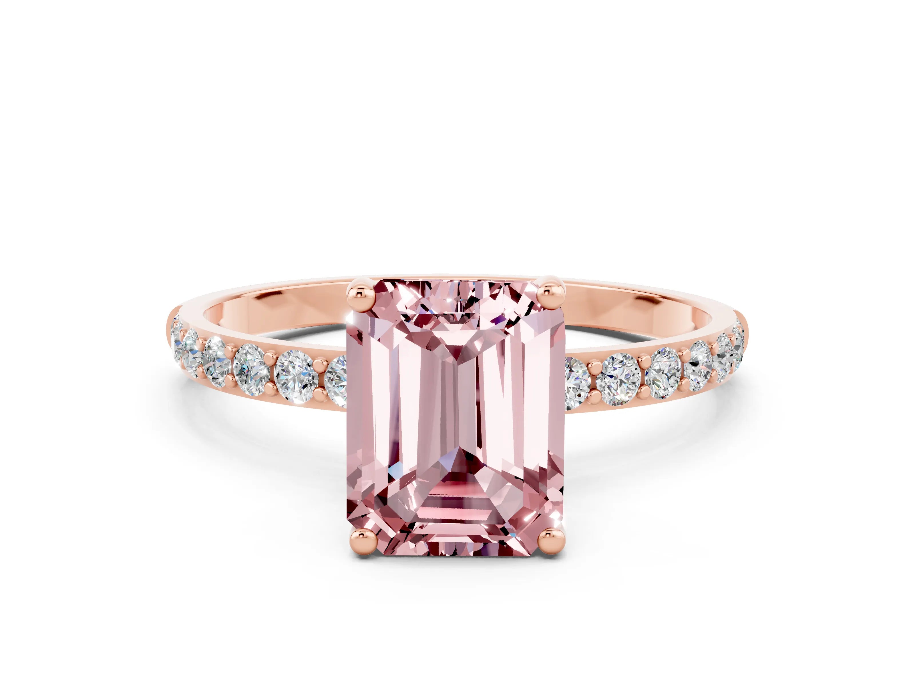 Rose gold Emerald Cut Morganite Solitaire Ring with Pave Band and Four Prong Setting_24