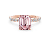 Rose gold Emerald Cut Morganite Solitaire Ring with Pave Band and Four Prong Setting_24