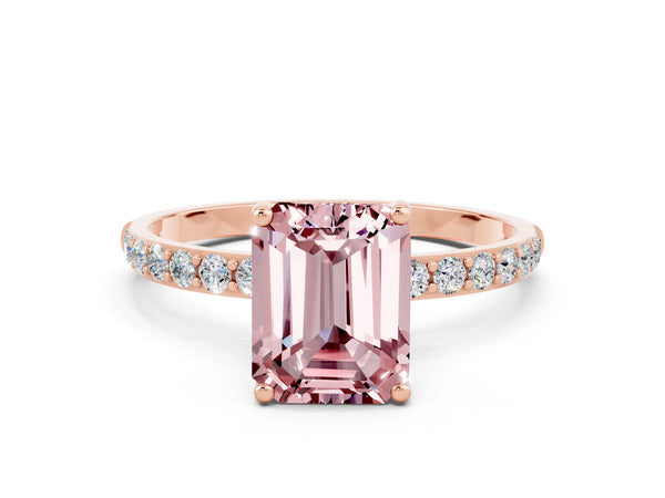 Rose gold Emerald Cut Morganite Solitaire Ring with Round  Pavé Band and Prong Setting
