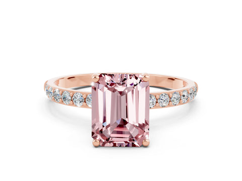Rose gold Emerald Cut Morganite Solitaire Ring with Pave Band and Four Prong Setting_24