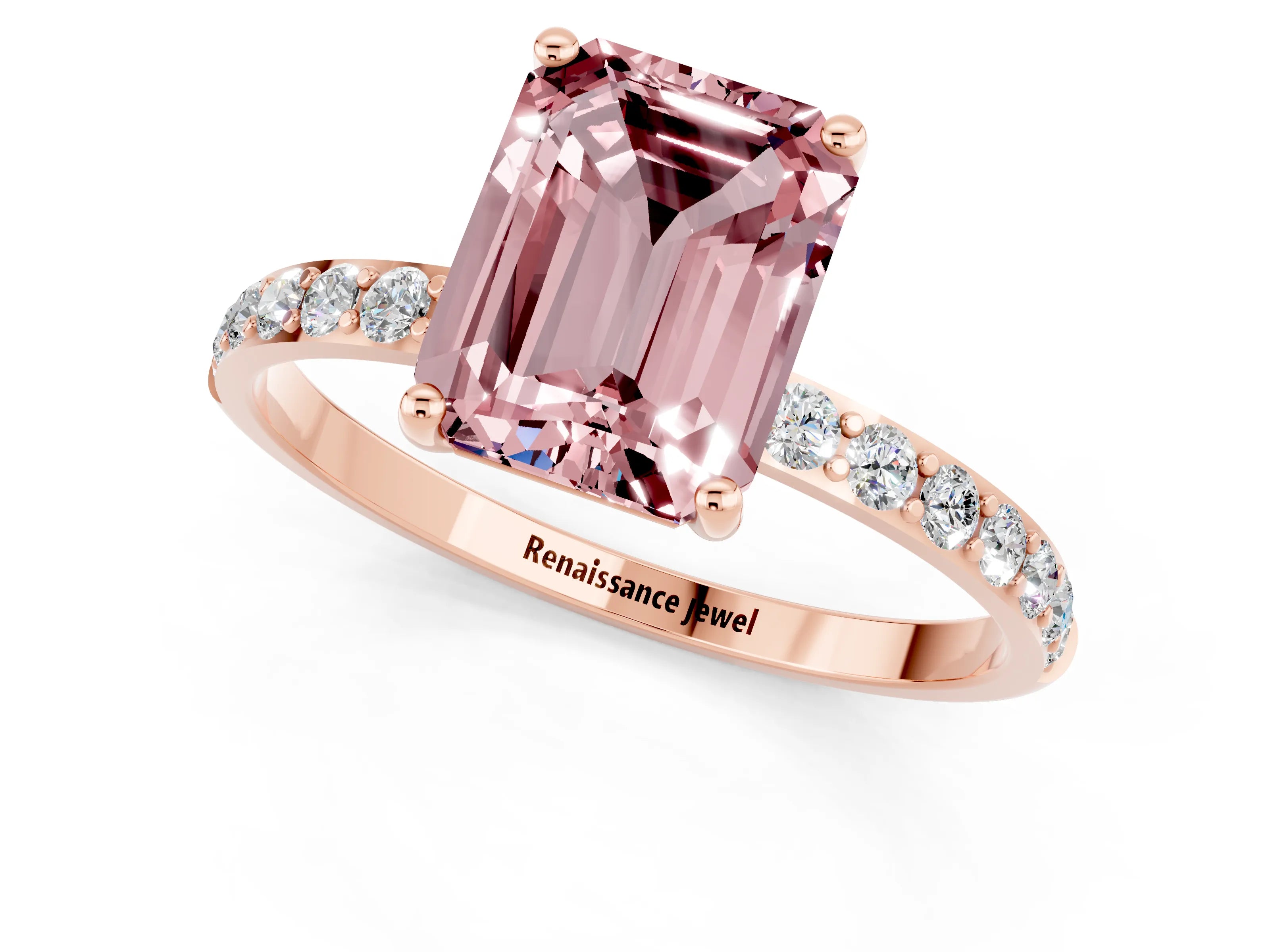 Rose gold Emerald Cut Morganite Solitaire Ring with Pave Band and Four Prong Setting_25