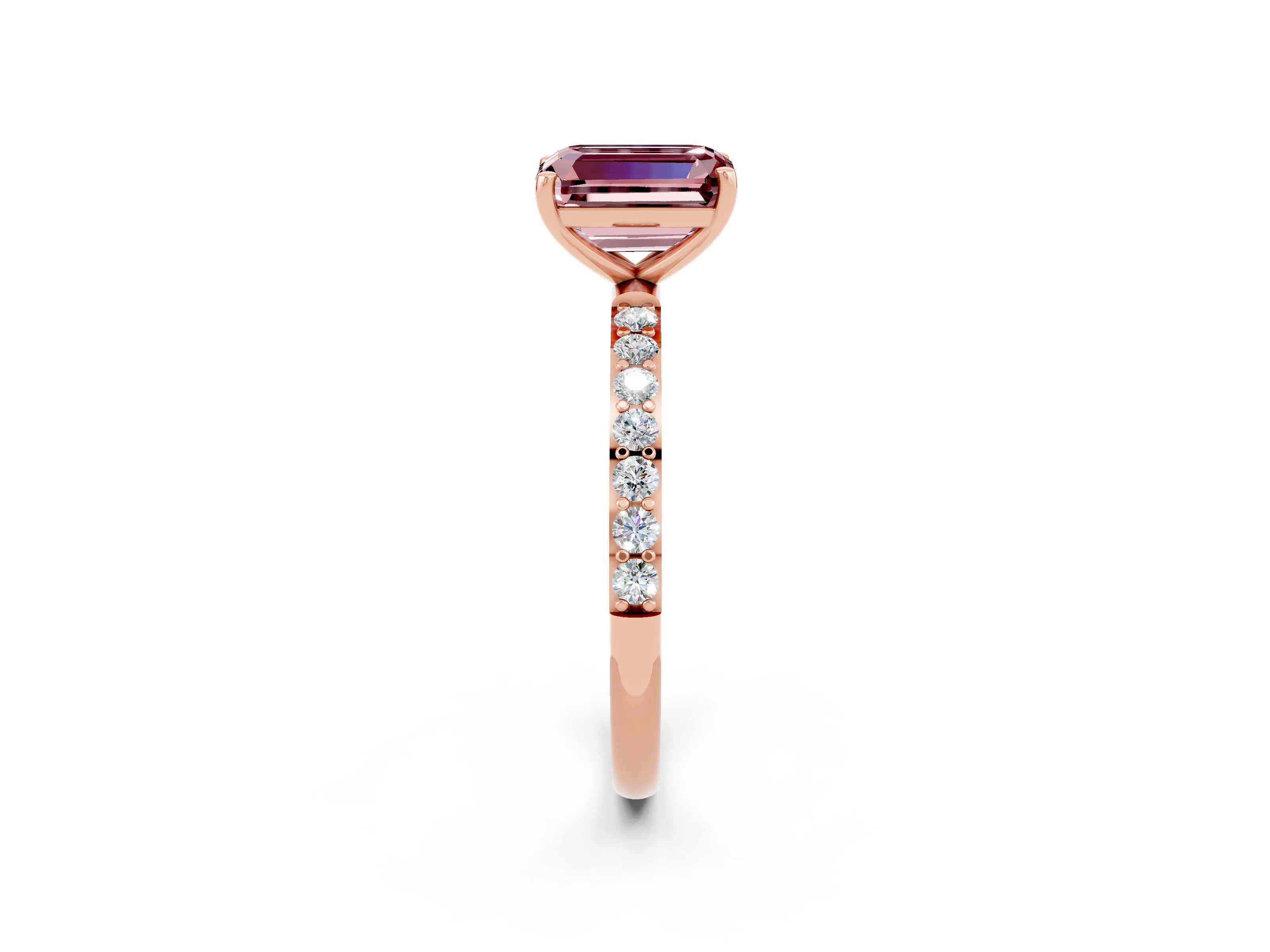 Rose gold Emerald Cut Morganite Solitaire Ring with Pave Band and Four Prong Setting_26