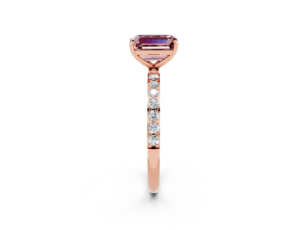 Rose gold Emerald Cut Morganite Solitaire Ring with Round  Pavé Band and Prong Setting