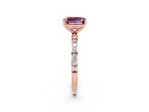 Rose gold Emerald Cut Morganite Solitaire Ring with Pave Band and Four Prong Setting_26