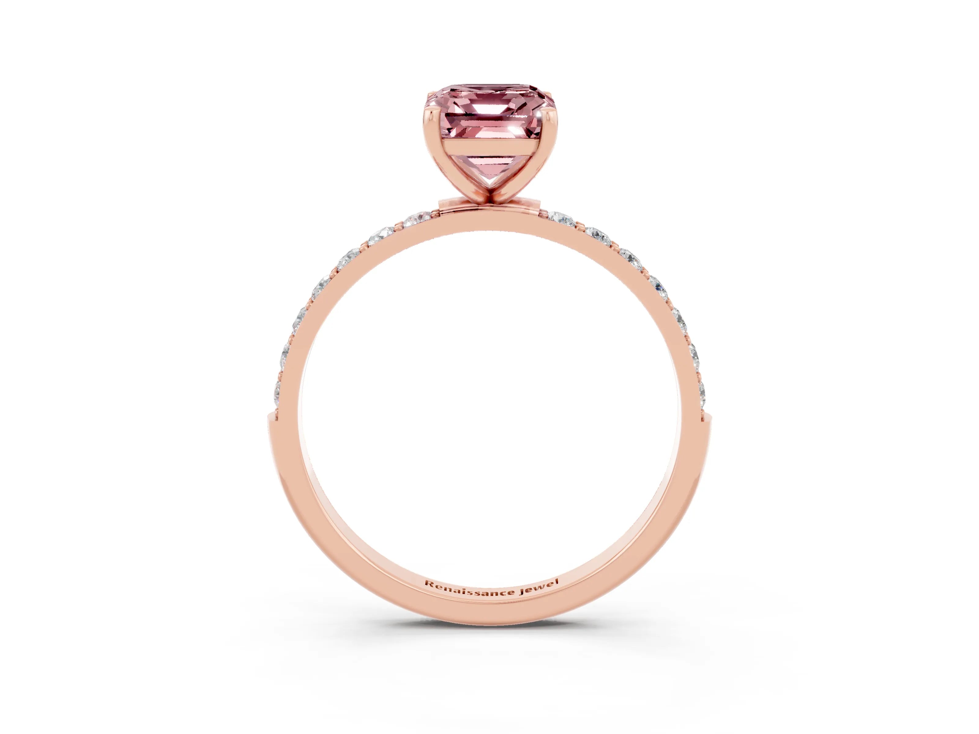 Rose gold Emerald Cut Morganite Solitaire Ring with Pave Band and Four Prong Setting_27