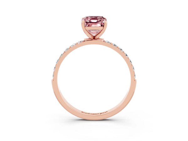 Rose gold Emerald Cut Morganite Solitaire Ring with Round  Pavé Band and Prong Setting