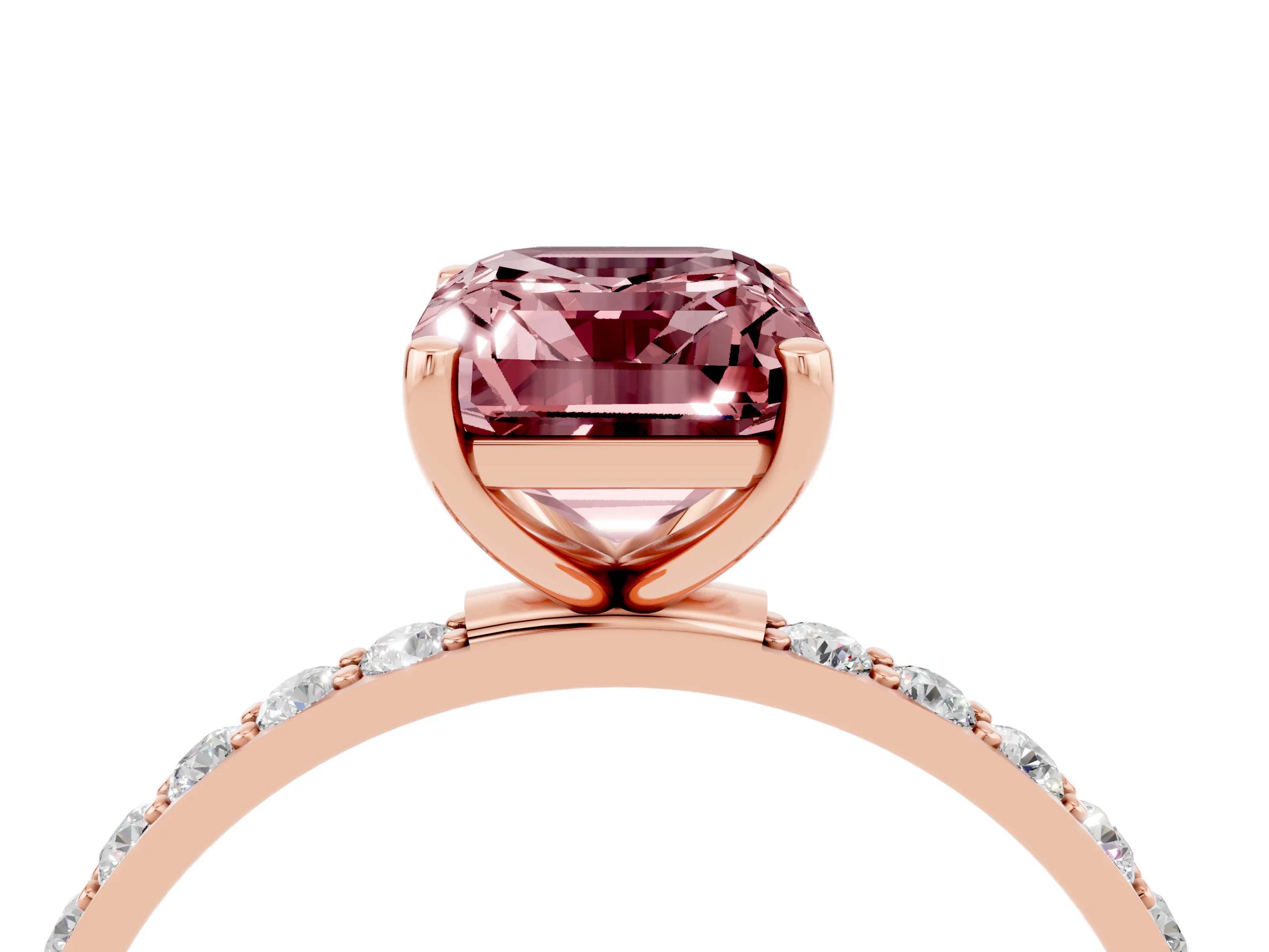 Rose gold Emerald Cut Morganite Solitaire Ring with Pave Band and Four Prong Setting_28