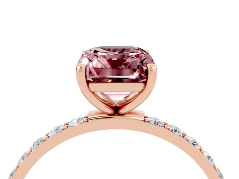 Rose gold Emerald Cut Morganite Solitaire Ring with Pave Band and Four Prong Setting_28