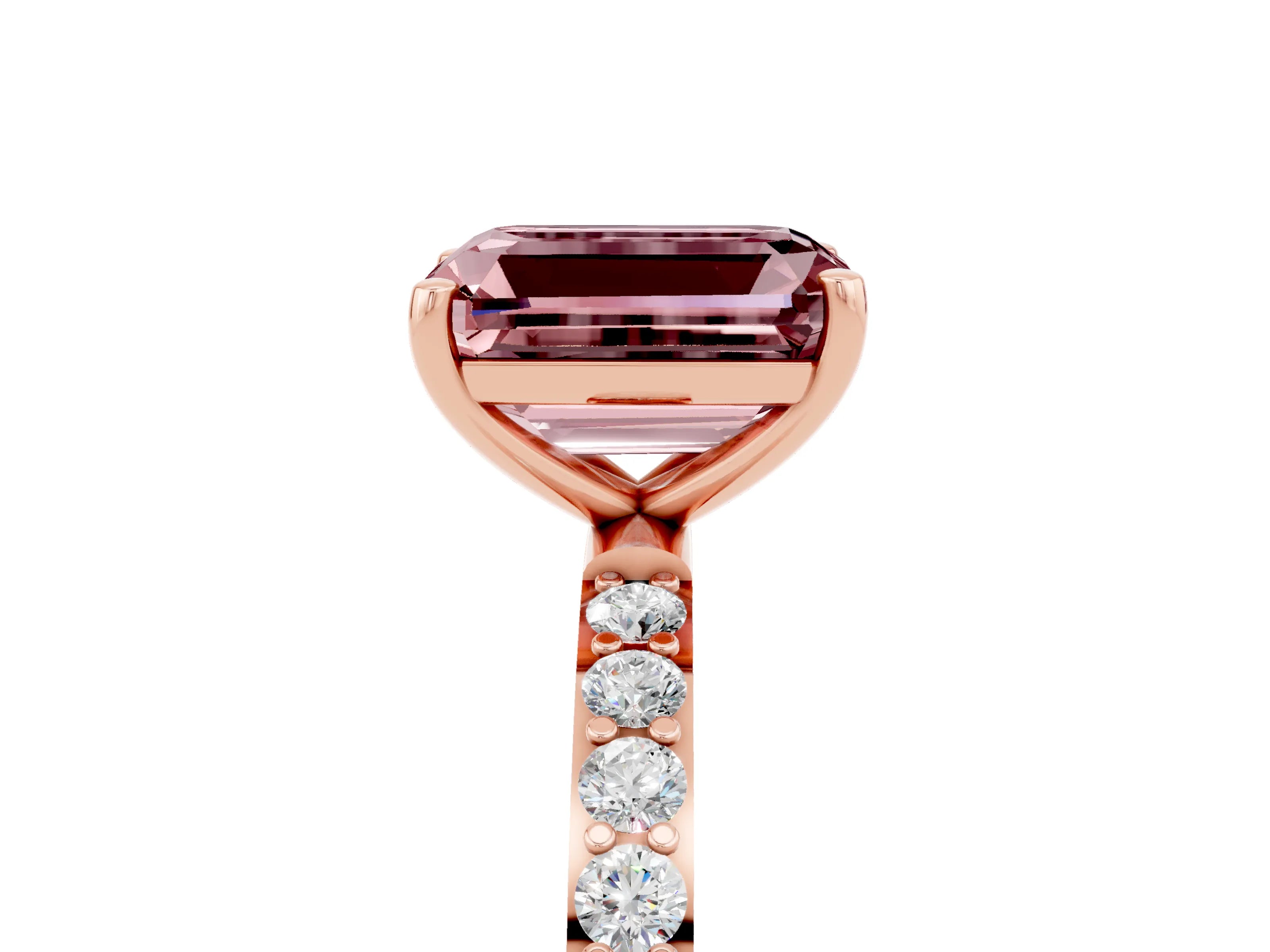 Rose gold Emerald Cut Morganite Solitaire Ring with Pave Band and Four Prong Setting_29