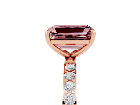Rose gold Emerald Cut Morganite Solitaire Ring with Pave Band and Four Prong Setting_29