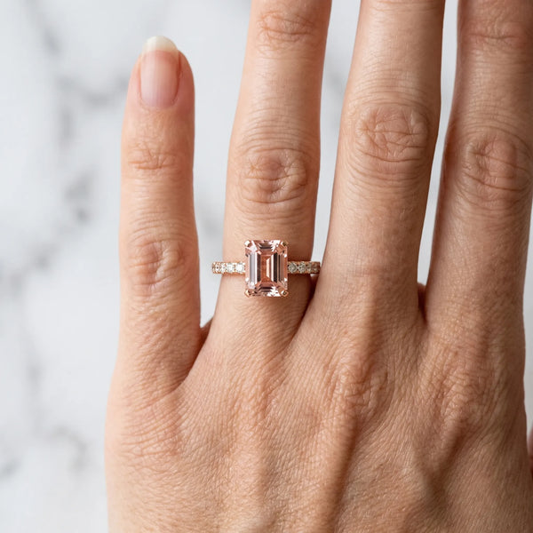 Rose gold Emerald Cut Morganite Solitaire Ring with Round  Pavé Band and Four-Prong Setting