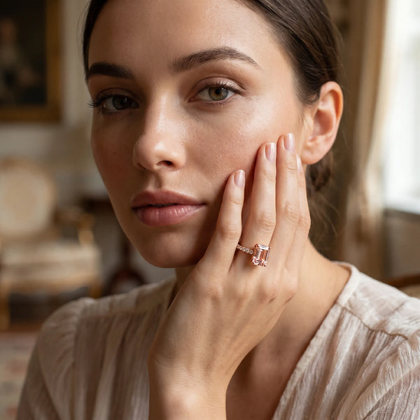 Rose gold Emerald Cut Morganite Solitaire Ring with Round  Pavé Band and Four-Prong Setting