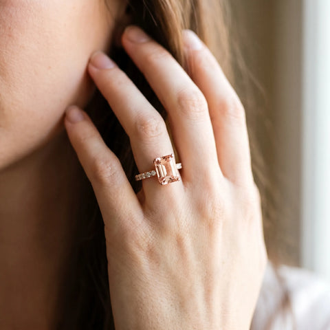 Rose gold Emerald Cut Morganite Solitaire Ring with Round  Pavé Band and Four-Prong Setting_44