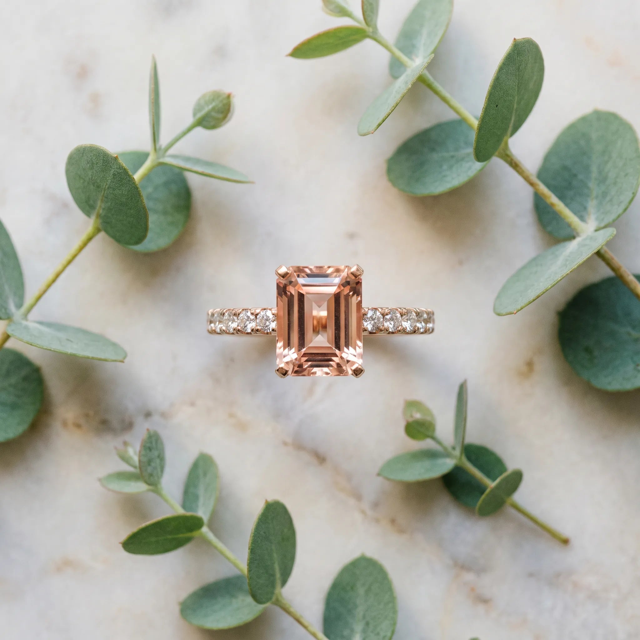 Rose gold Emerald Cut Morganite Solitaire Ring with Round  Pavé Band and Four-Prong Setting_45
