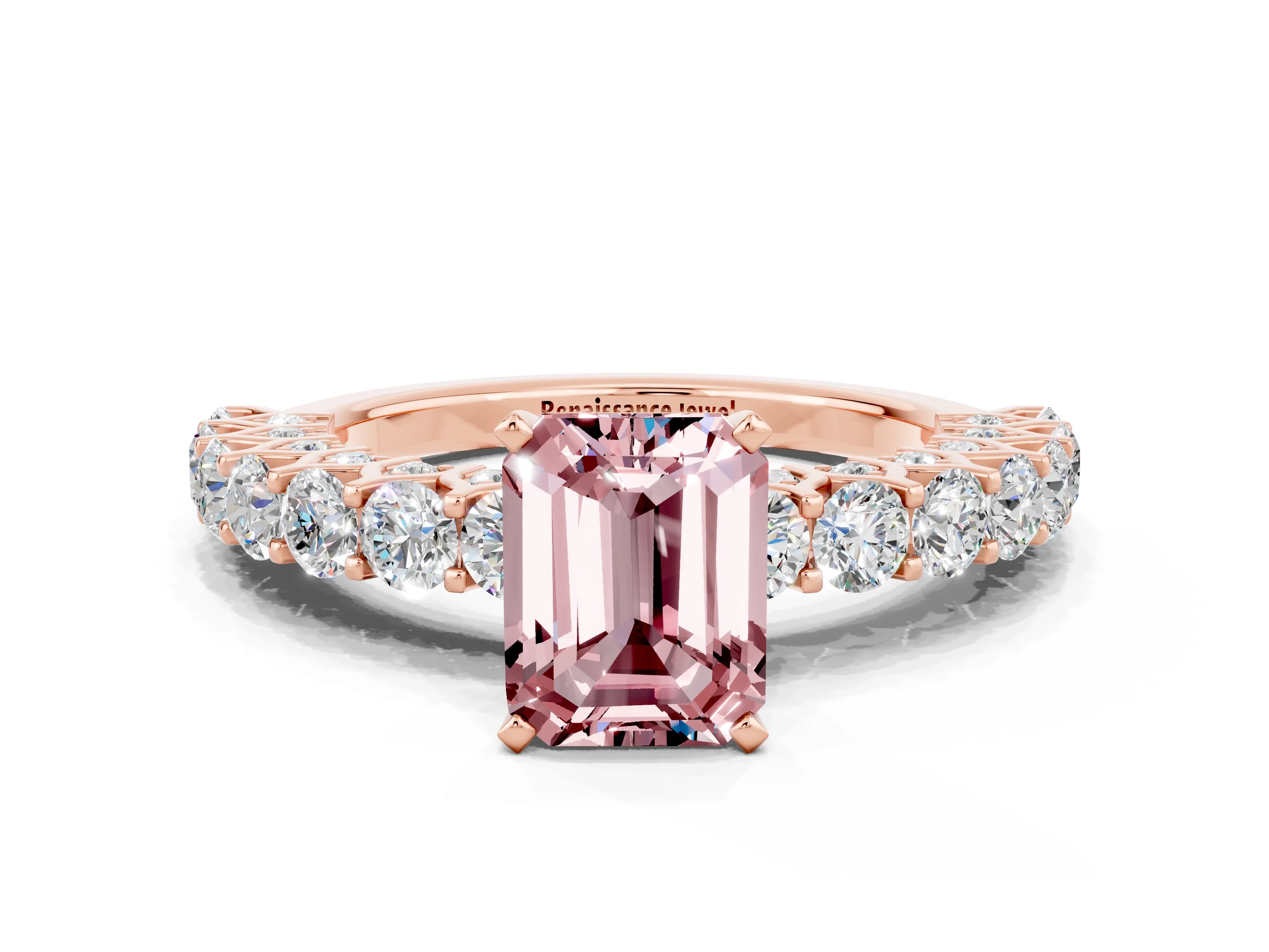 Rose gold Emerald Cut Morganite Solitaire Ring with Shared Prong Pavé Band and Four-Prong Setting