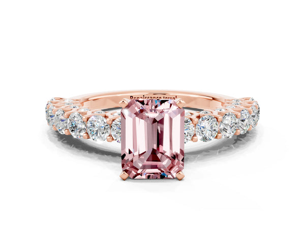 Rose gold Emerald Cut Morganite Solitaire Ring with Shared Prong Pavé Band and Four-Prong Setting