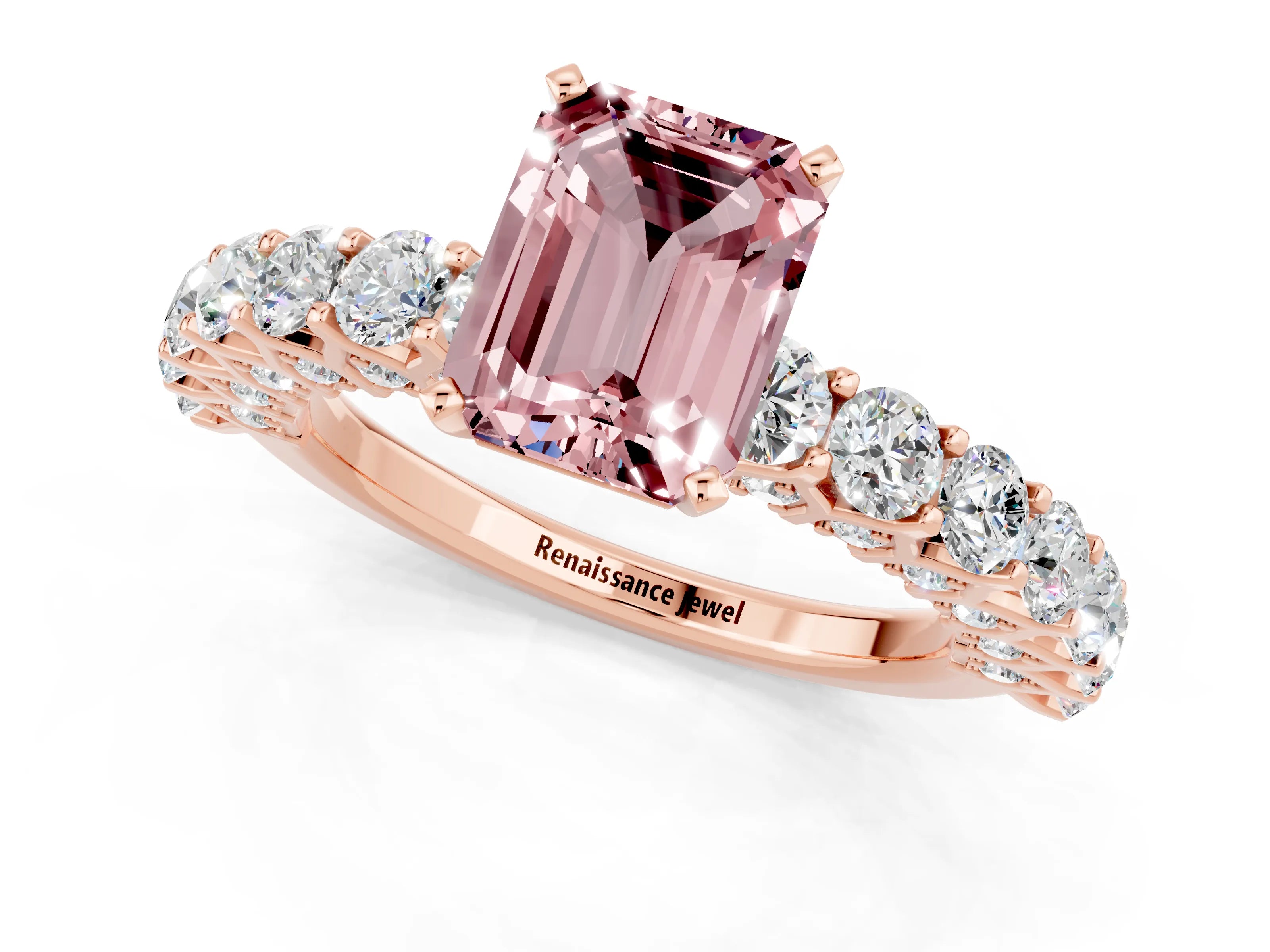 Rose gold Emerald Cut Morganite Solitaire Ring with Shared Prong Pavé Band and Four-Prong Setting_1