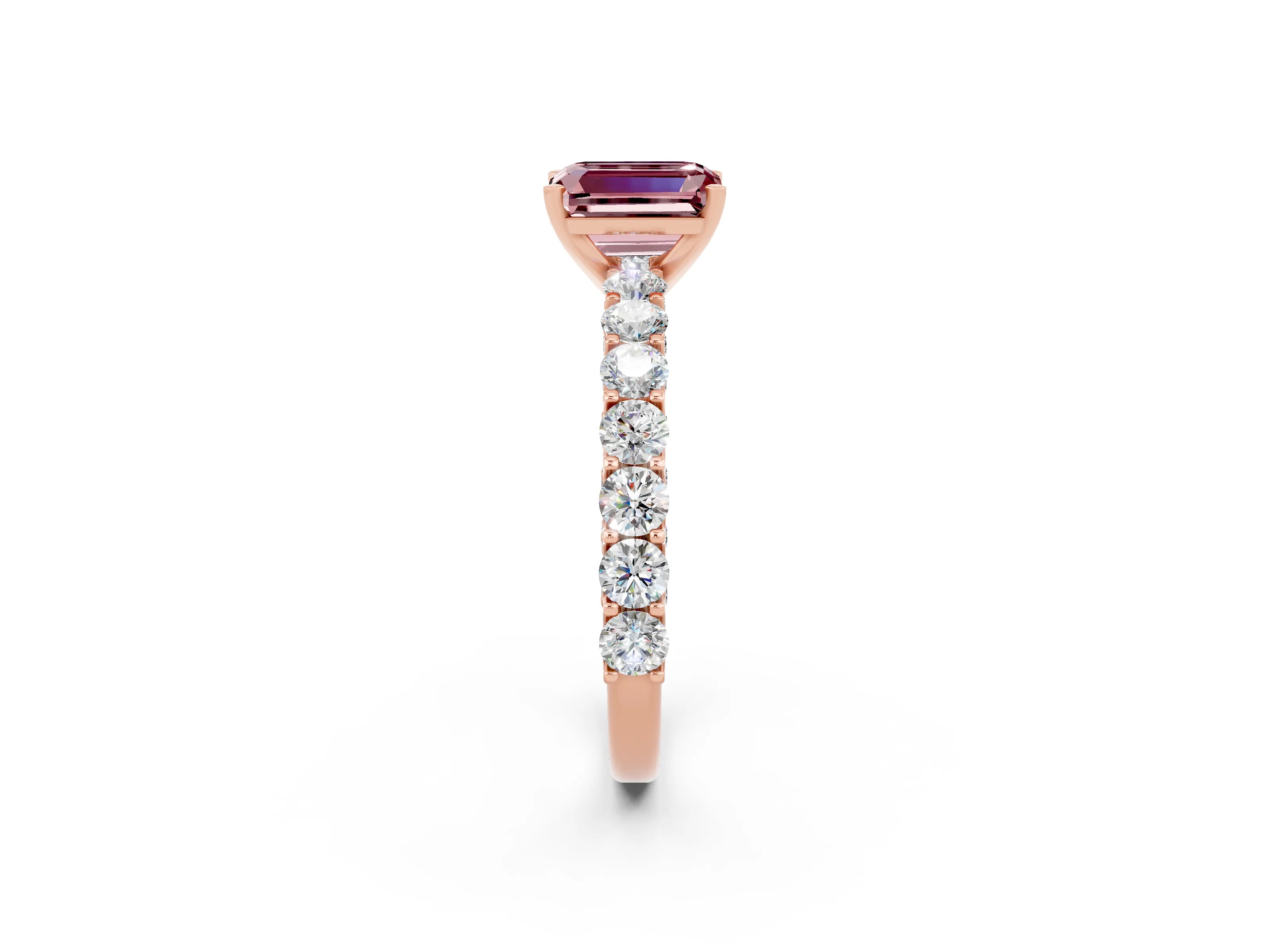 Rose gold Emerald Cut Morganite Solitaire Ring with Shared Prong Pavé Band and Four-Prong Setting_2