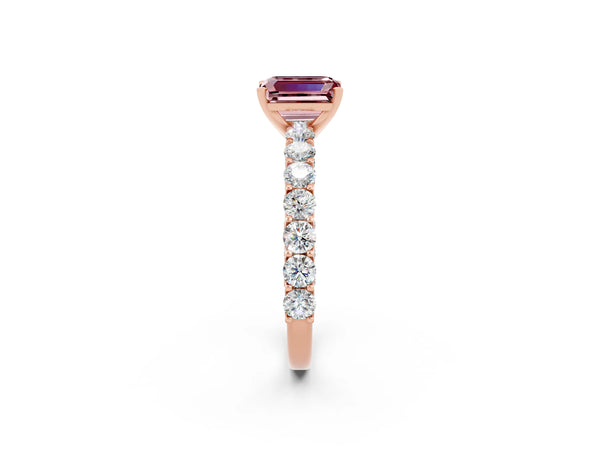 Rose gold Emerald Cut Morganite Solitaire Ring with Shared Prong Pavé Band and Four-Prong Setting