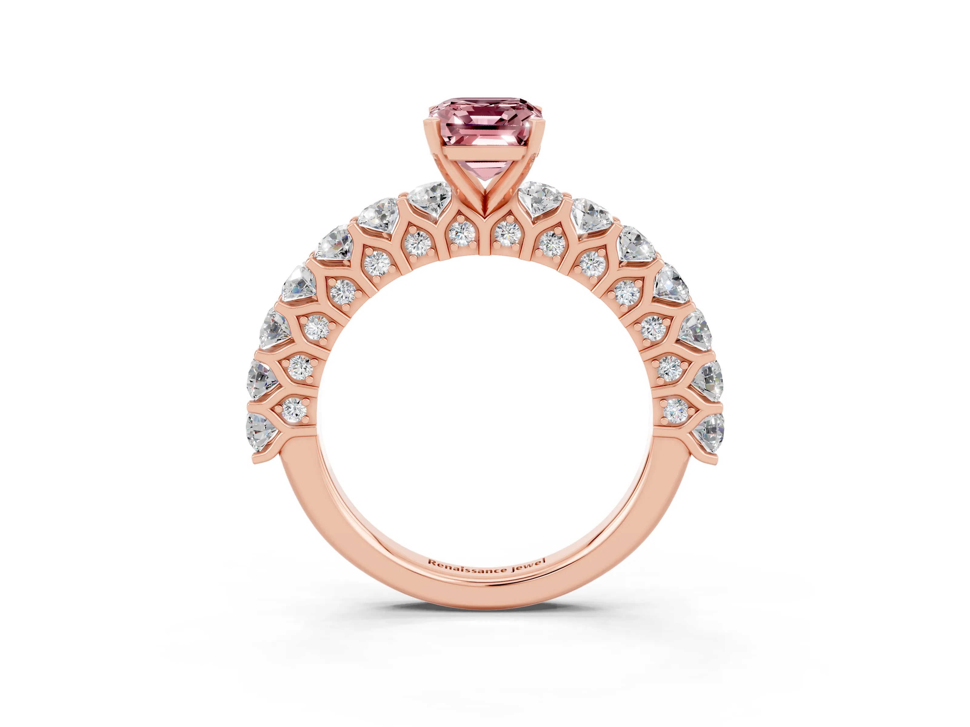 Rose gold Emerald Cut Morganite Solitaire Ring with Shared Prong Pavé Band and Four-Prong Setting_3