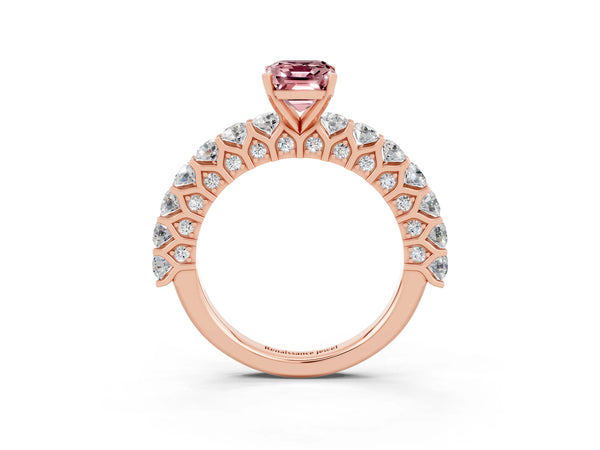 Rose gold Emerald Cut Morganite Solitaire Ring with Shared Prong Pavé Band and Four-Prong Setting