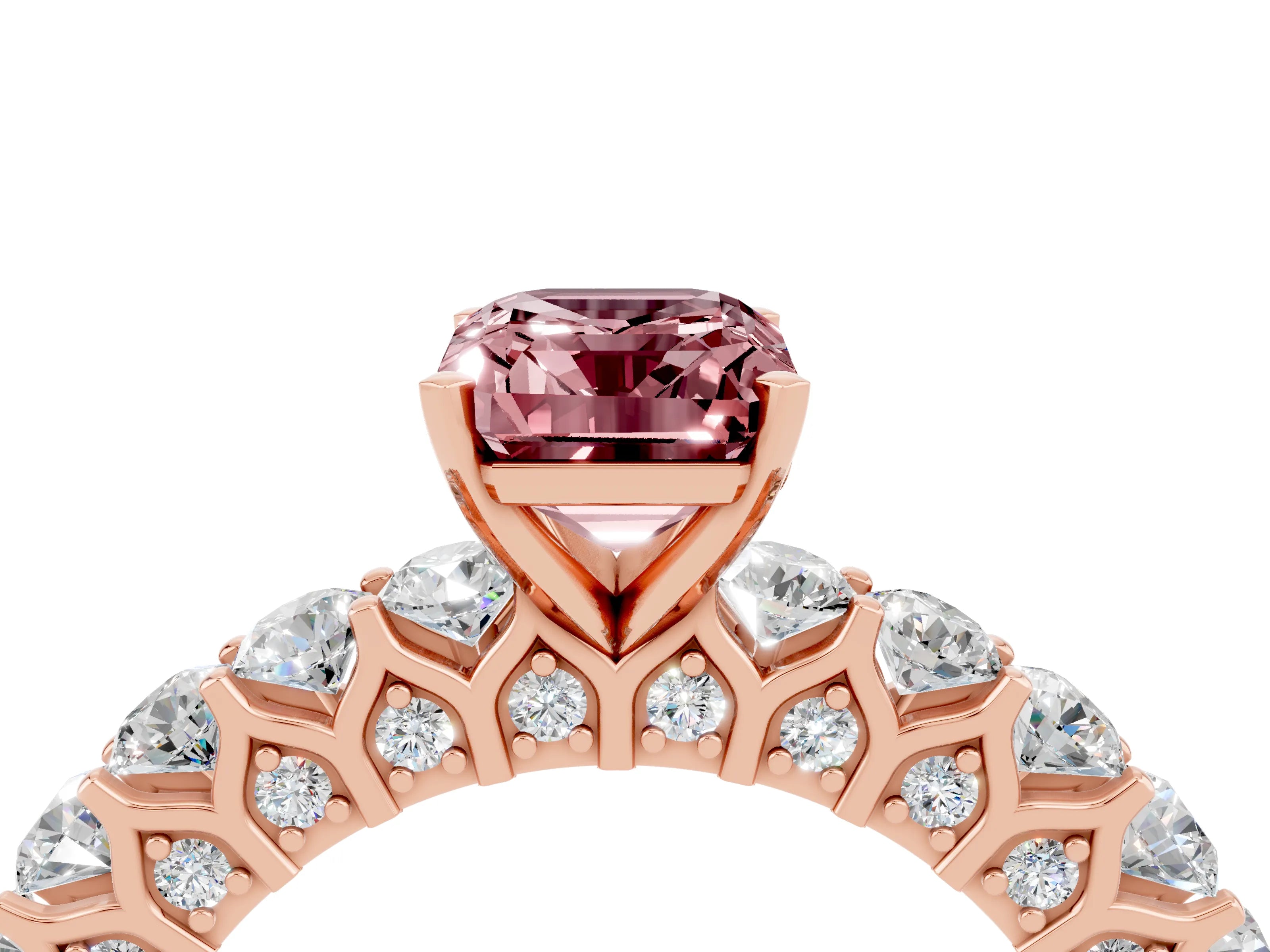 Rose gold Emerald Cut Morganite Solitaire Ring with Shared Prong Pavé Band and Four-Prong Setting_4