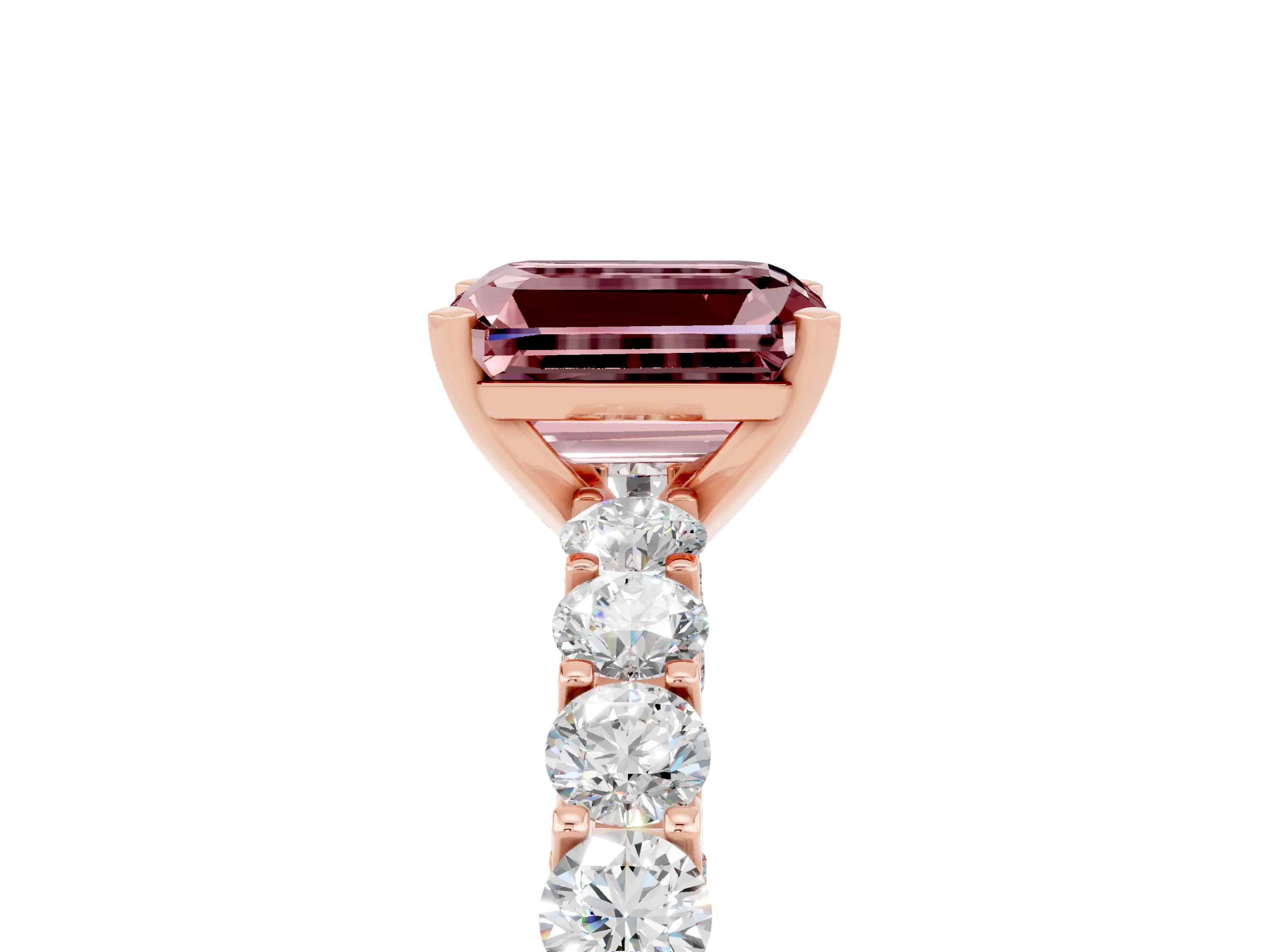 Rose gold Emerald Cut Morganite Solitaire Ring with Shared Prong Pavé Band and Four-Prong Setting_5
