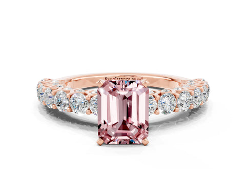 Rose gold Emerald Cut Morganite Solitaire Ring with Shared Prong Pavé Band and Four-Prong Setting