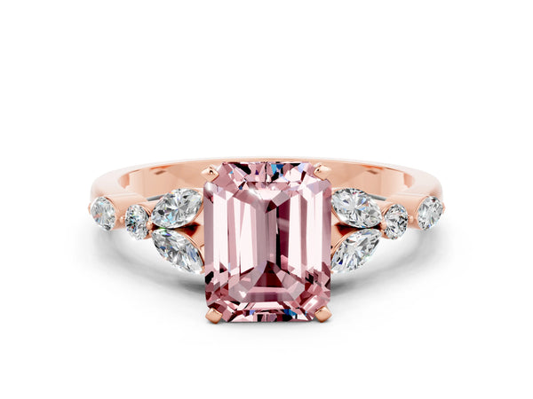 Rose gold Emerald Cut Morganite Solitaire Ring with Side Stones and Four-Prong Setting