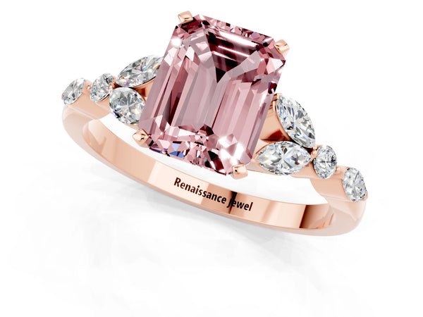 Rose gold Emerald Cut Morganite Solitaire Ring with Side Stones and Four-Prong Setting