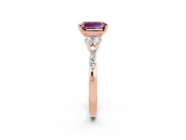 Rose gold Emerald Cut Morganite Solitaire Ring with Side Stones and Four-Prong Setting