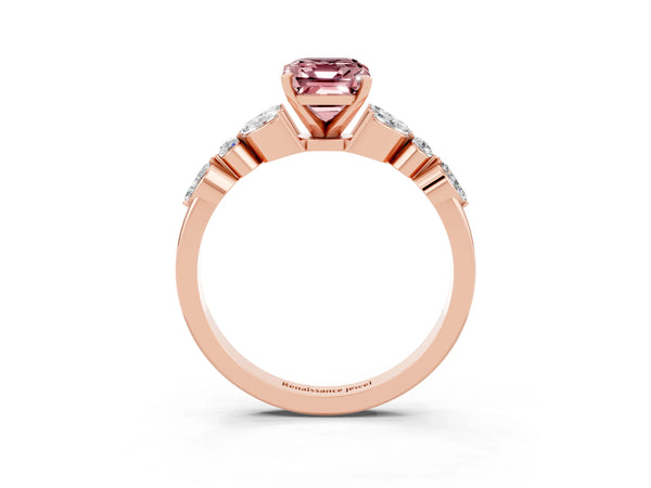 Rose gold Emerald Cut Morganite Solitaire Ring with Side Stones and Four-Prong Setting
