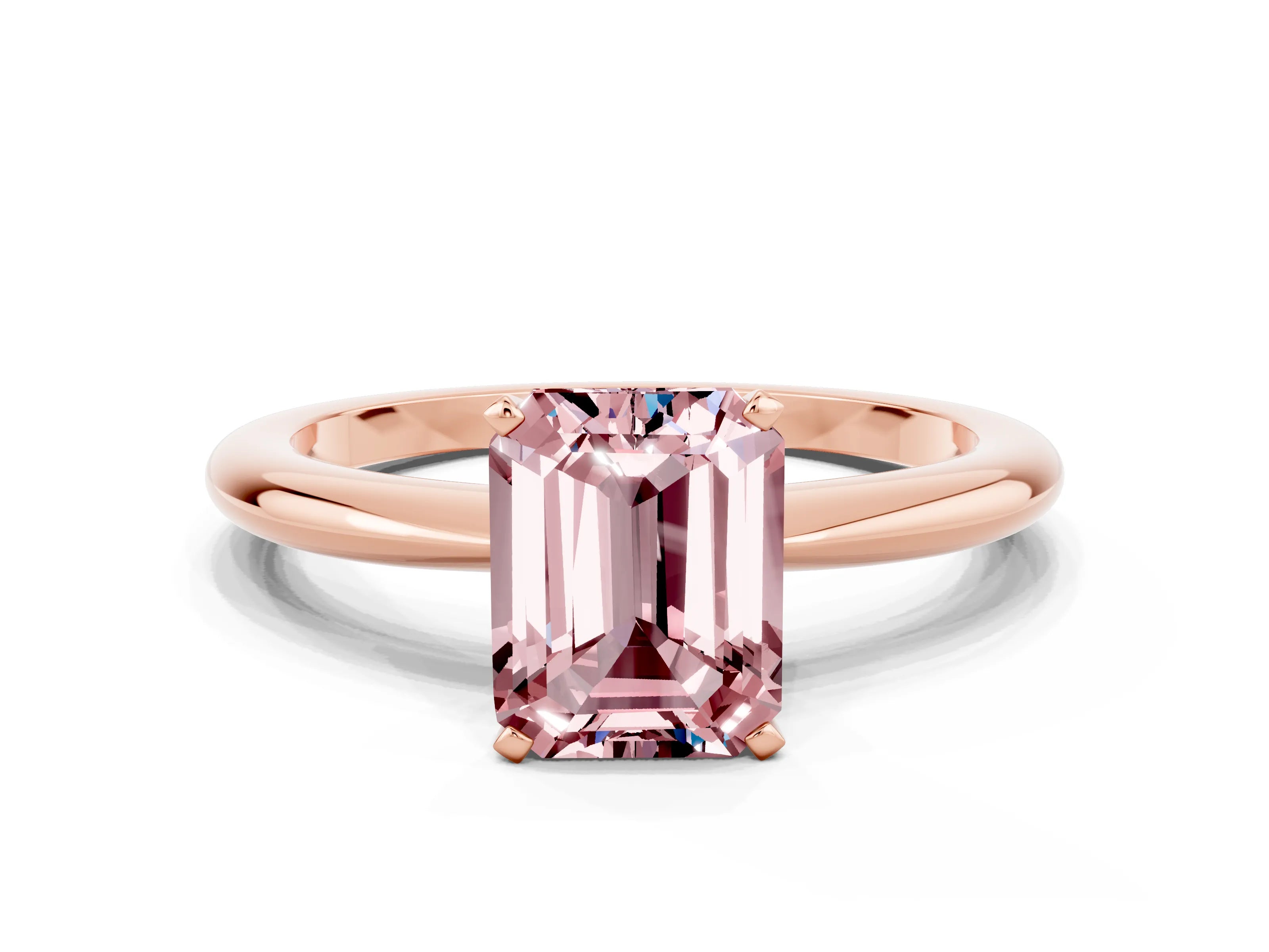 Rose gold Emerald Cut Morganite Solitaire Ring with Six-Prong Setting and Classic Band