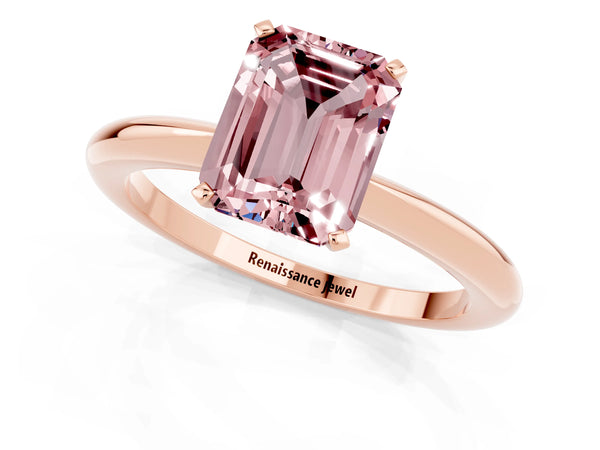 Rose gold Emerald Cut Morganite Solitaire Ring with Six-Prong Setting and Classic Band