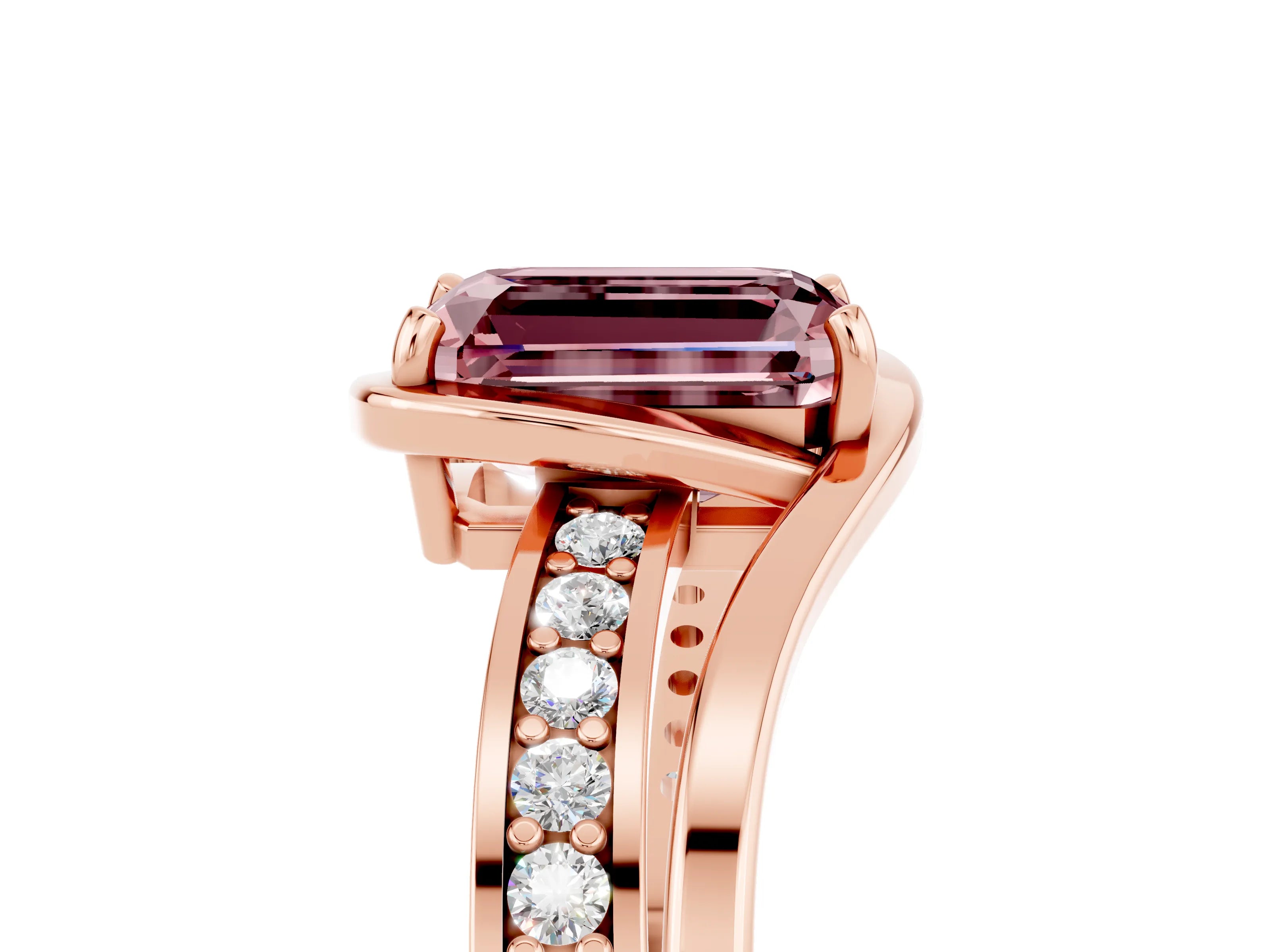 Rose gold Emerald Cut Morganite Solitaire Ring with Split Shank and Prong Setting_5
