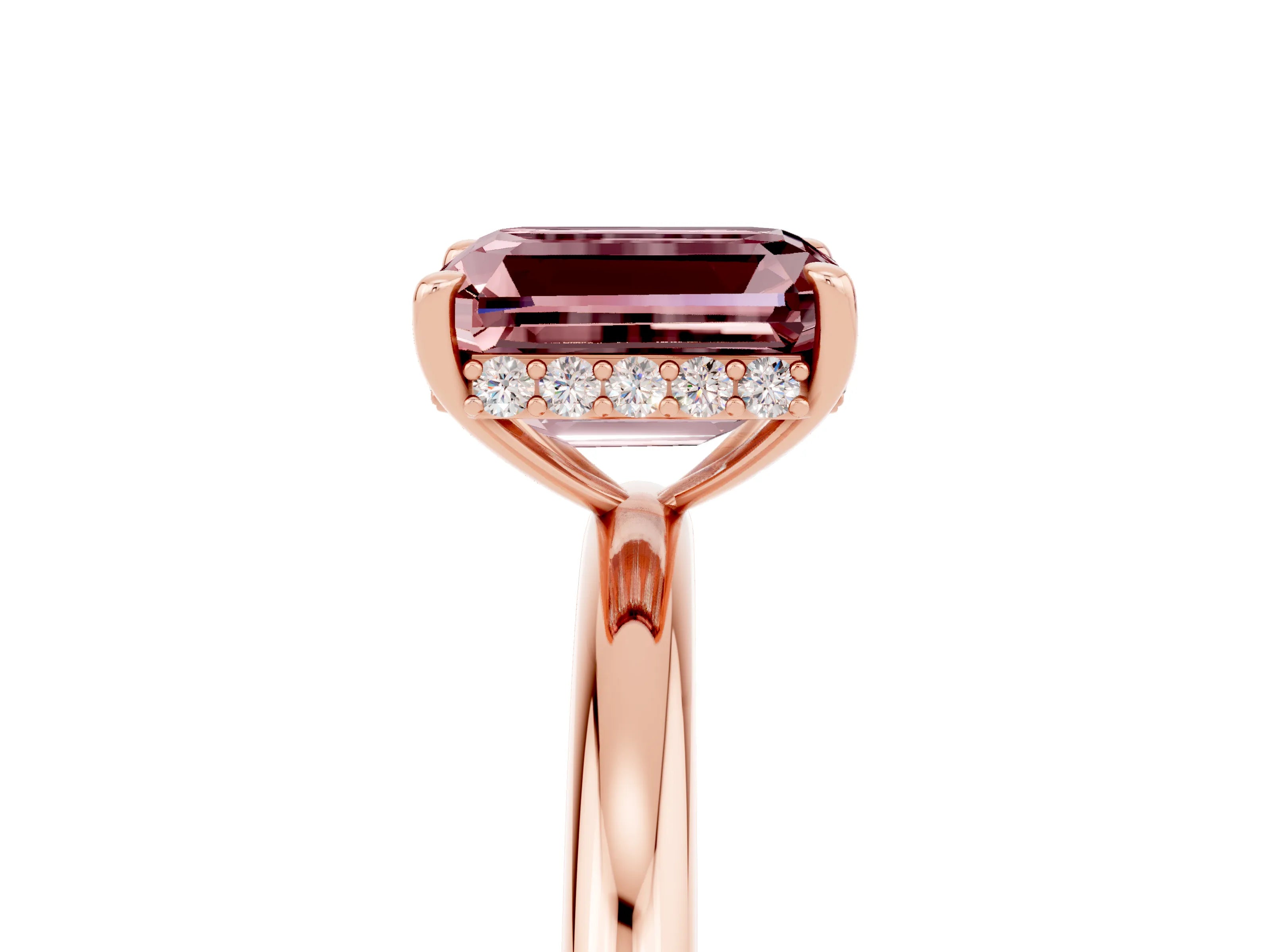 Rose gold Emerald Cut Morganite Solitaire Ring with Thin Band and Four-Prong Setting_17