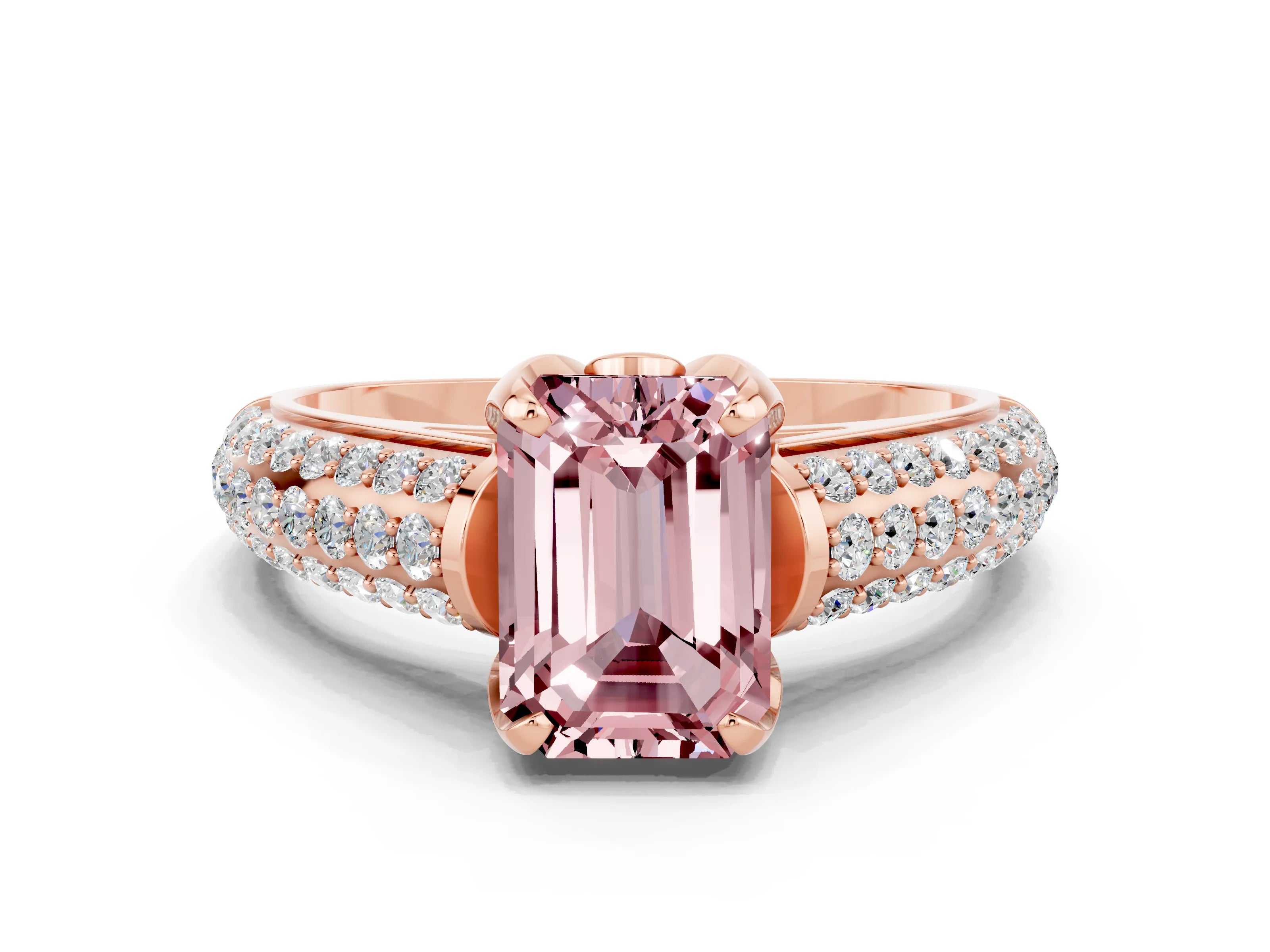 Rose gold Emerald Cut Morganite Solitaire Ring with Three-Row Pavé Band and Four-Prong Setting_12
